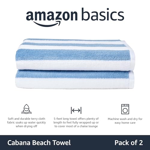 Amazon Basics Sky Blue Cabana Stripe Pool & Beach Towel, Soft & Absorbent, Quick Dry, Machine Washable, Pool & Beach Use