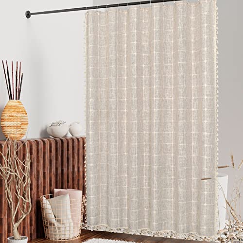 MitoVilla Boho Farmhouse Shower Curtain Set for Neutral Country Bathroom Decor Modern Cotton Linen Fabric Tan Brown Bohe