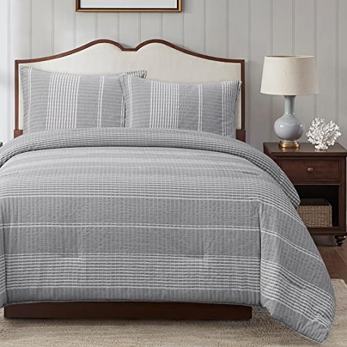 HiEnd Accents Lane Super King Size Comforter Set with Gray and White Stripe Seersucker Pattern, Modern Casual Traditiona